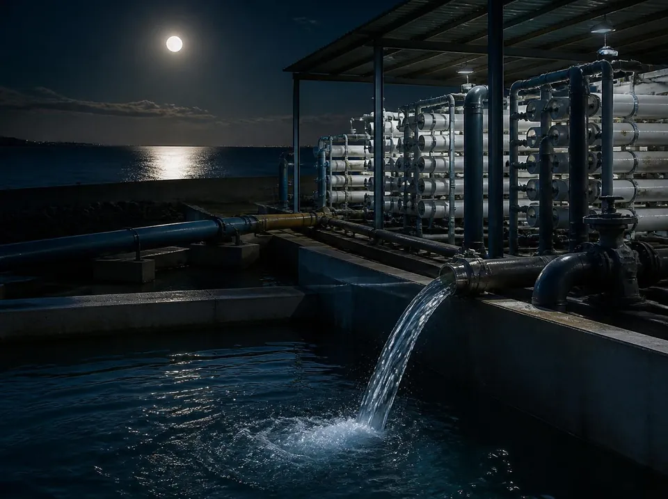 Membranes de dessalement et eau produite, au bord de la mer, au clair de lune