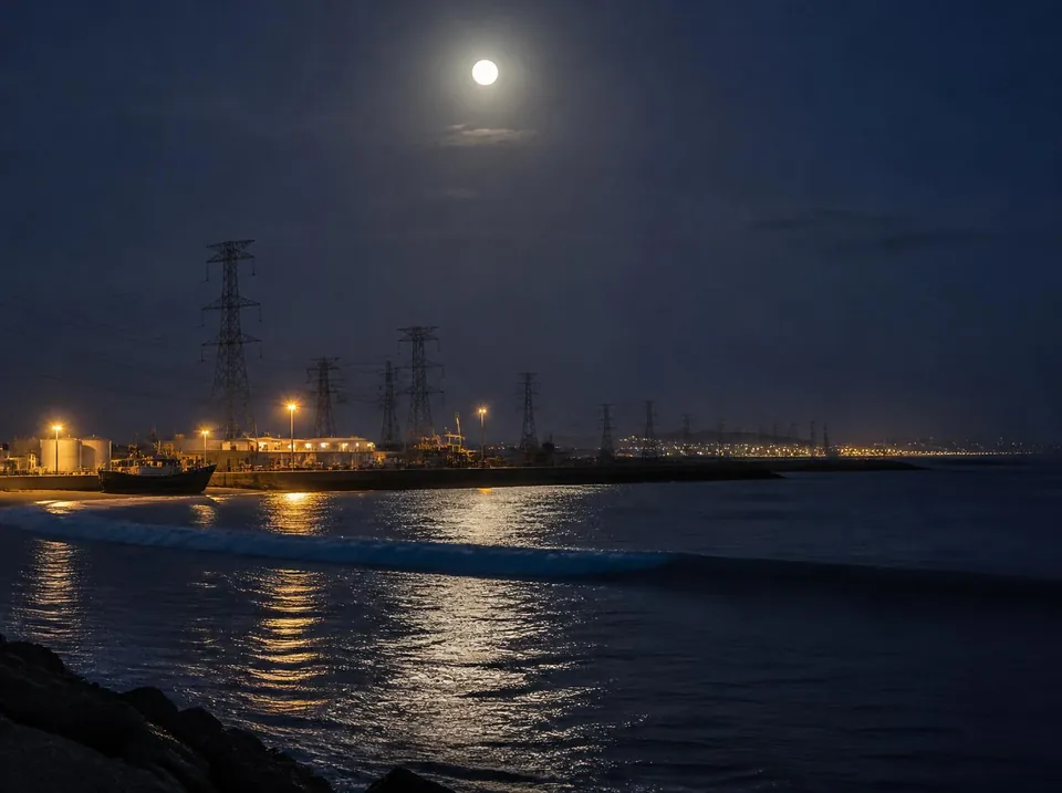 Pylônes électriques sur le littoral au clair de lune