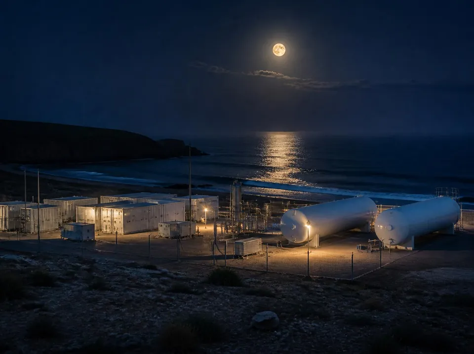 Électrolyseurs et réservoirs d'hydrogène sur la côte, au clair de lune